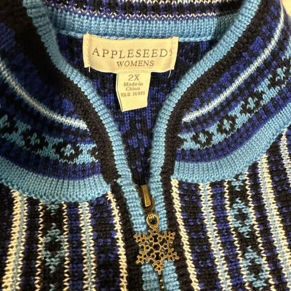 Appleseeds Cardigan Women 2XL  Royal Blue Black Fair Isle Wool Nordic Snowflake - Picture 3 of 12